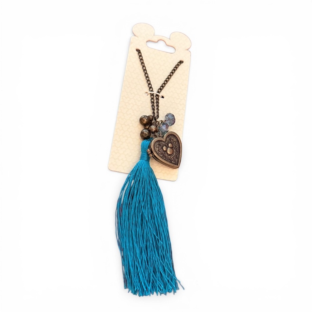 Disney Parks Mickey‎ Mouse Heart Locket Necklace Tassel Teal Charm New